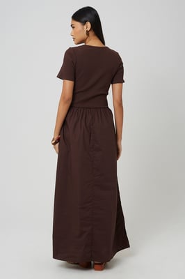 Chocolate Crew Neck Jersey And Poplin Mix Maxi Dress