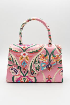 Floral Satin Embroidered Top Handle Bag in Pink