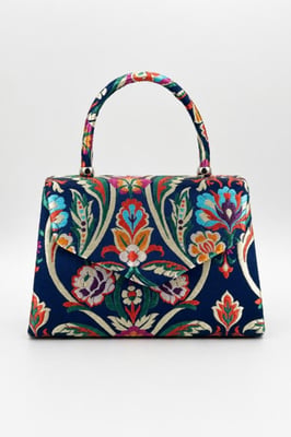 Floral Satin Embroidered Top Handle Bag in Navy