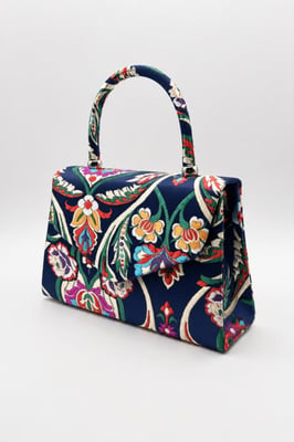 Floral Satin Embroidered Top Handle Bag in Navy