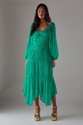 Chiffon Gathered Seam Halter Tie Hanky Hem Midi Dress