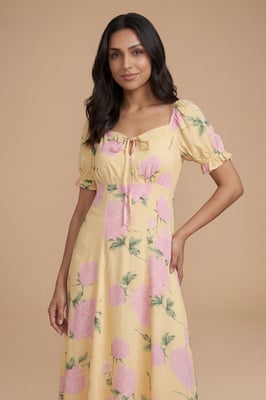 Petite Tie Front Puff Sleeve Midi Dress
