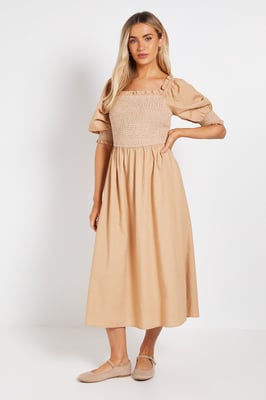 Contrast Stitch Shirred Bodice Puff Sleeve Midi Dress