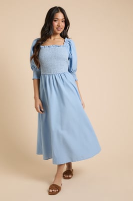 Petite Contrast Stitch Shirred Bodice Puff Sleeve Midi Dress