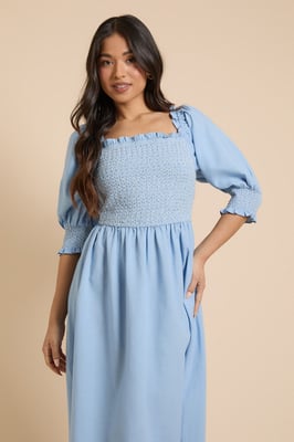 Petite Contrast Stitch Shirred Bodice Puff Sleeve Midi Dress