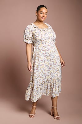 Curve Ruffle Neckline Frill Sleeve Tiered Midi Dress