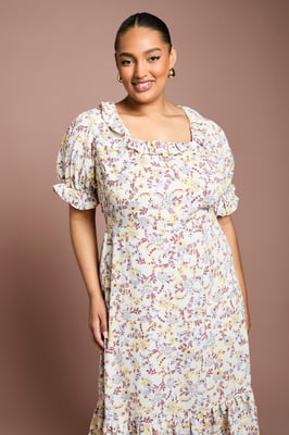 Curve Ruffle Neckline Frill Sleeve Tiered Midi Dress