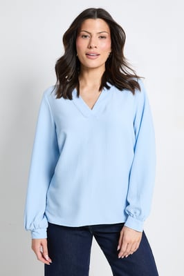 Bubble Crepe V Neck Long Sleeve Blouse