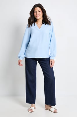 Bubble Crepe V Neck Long Sleeve Blouse