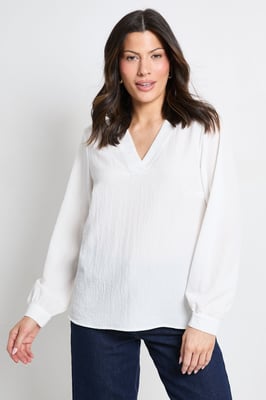 Bubble Crepe V Neck Long Sleeve Blouse
