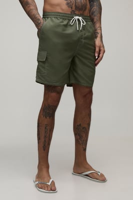 Constrast Stitch Cargo Pocket Mid Length Swim Short