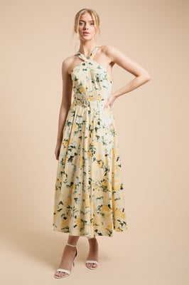 Lemon Floral Halter Cotton Poplin Midi Dress