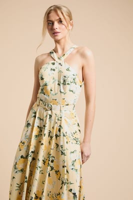 Lemon Floral Halter Cotton Poplin Midi Dress