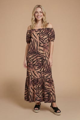 Animal Cold Shoulder Bardot Puff Sleeve Tiered Maxi Dress