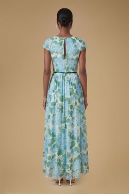 Cap Sleeve Hydrangea Mesh Maxi Dress