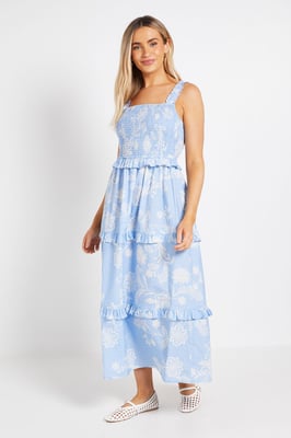 Frill Detail Floral Tiered Printed Poplin Maxi Dress