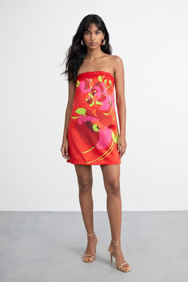 Satin Strapless Placement Floral Print Mini Dress