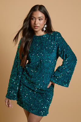 Petite Occasion Sequin Flare Sleeve Mini Dress