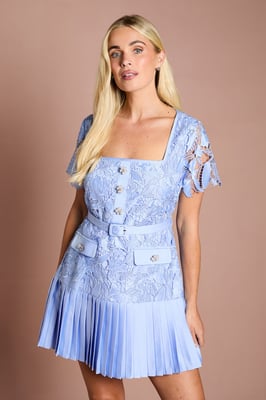 Petite Square Neck Pearl Button Satin Lace Mini Dress
