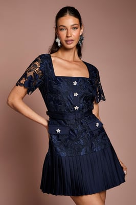 Square Neck Pearl Button Satin Lace Mini Dress