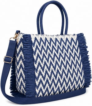 Womens Summer Bag, Eco Beach Bag, Large Paper Woven hand Bag with Raffia Fringe in Navy