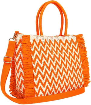 Womens Summer Bag, Eco Beach Bag, Large Paper Woven hand Bag with Raffia Fringe in Orange