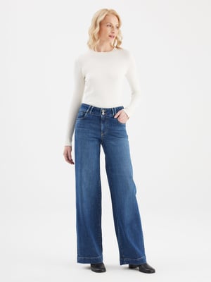 Carlotta jeans met middelhoge taille en lange pijpen, 5 zakken, donkerblauw
