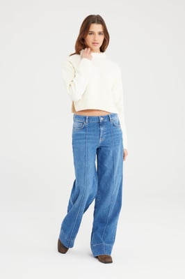 Layla jeans met middelhoge taille, volledige lengte, plooien en 5 zakken, mediumblauw