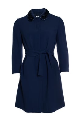 Miu Miu, blauwe jas met riem en geborduurde kraag