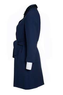 Miu Miu, blauwe jas met riem en geborduurde kraag
