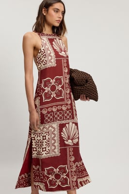 Linen Viscose Tile Print Woven Midi Dress