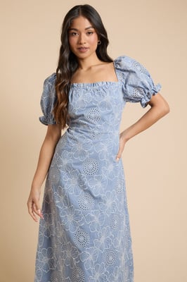 Petite Embroidered Puff Sleeve Midi Dress