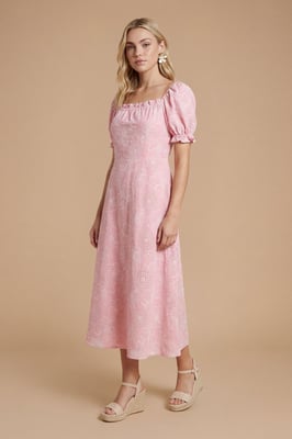 Embroidered Puff Sleeve Midi Dress