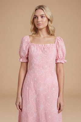 Embroidered Puff Sleeve Midi Dress
