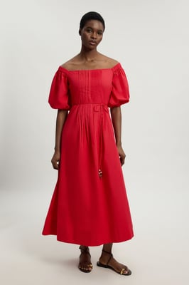Bead Detail Cotton Poplin Bardot Midi Dress