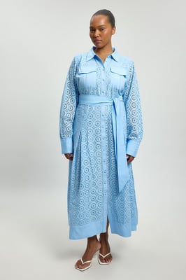 Plus Size Cotton Broderie Belted Shirt Dress