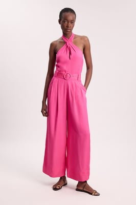 Premium Viscose Linen Cross Front Halter Belted Woven Wide Leg Jumpsuit