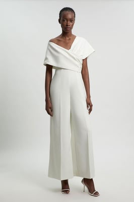 Petite Compact Viscose Stretch Tailored Off Shoulder Jumpsuit