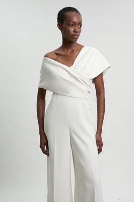 Petite Compact Viscose Stretch Tailored Off Shoulder Jumpsuit