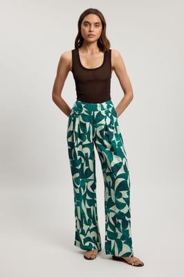 Petite Linen geo print pleat and pocket detail woven straight leg trouser