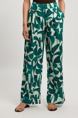 Petite Linen geo print pleat and pocket detail woven straight leg trouser