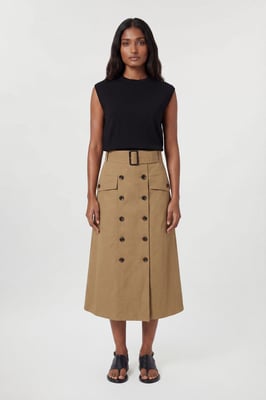 Tailored Cotton Trench Button Front Pleated Skirt