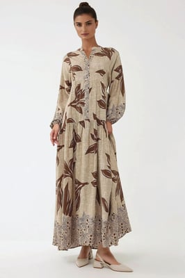 Gedrukte Lange Mouwen Viscose Maxi Jurk