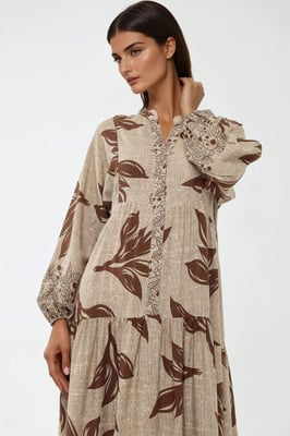 Gedrukte Lange Mouwen Viscose Maxi Jurk