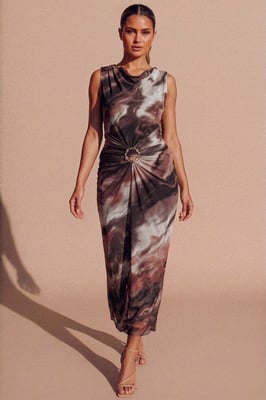 Marble Print Ring Detail Ruched Maxi Dress - Lila