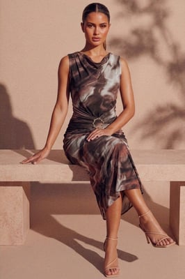 Marble Print Ring Detail Ruched Maxi Dress - Lila