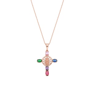 Luxenter ketting in metaallegering en multicolor zirkonia, afgewerkt in 18 karaat roségoud - Kruis