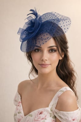 Feather & Polka Veil Fascinator in Navy