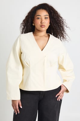 Plus Twill Balloon Sleeve Ciniched Blazer