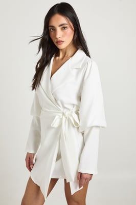 Volume Sleeve Tie Waist Blazer Dress